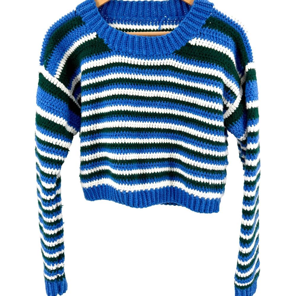 Vintage 90s Hand Knit Heavy Blue Green Striped Crochet Knit Crop Sweater